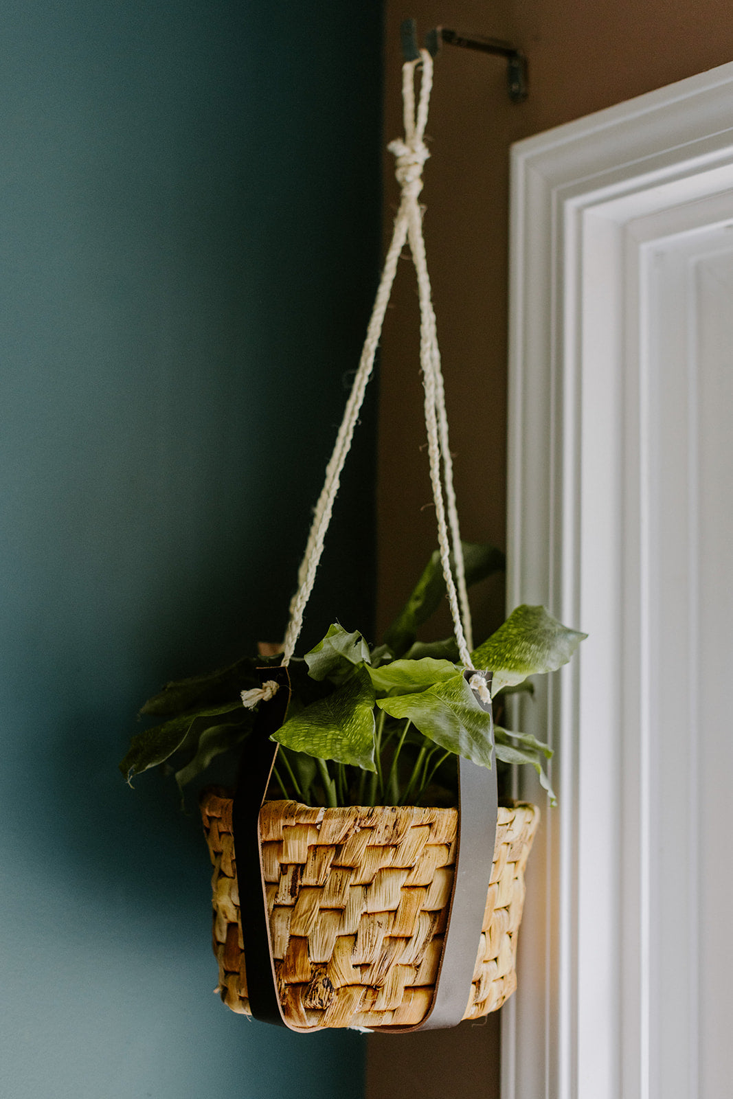 Leather Plant Hanger with Banana Leaf Basket