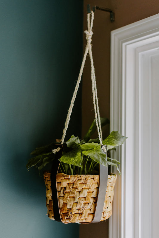 Leather Plant Hanger with Banana Leaf Basket
