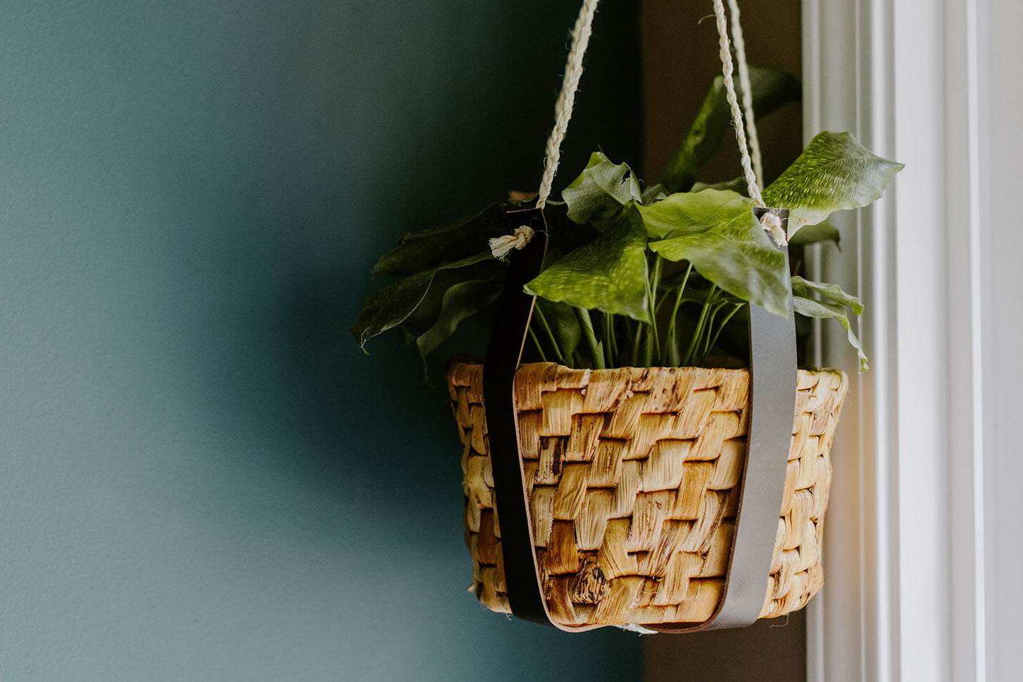 Leather Plant Hanger with Banana Leaf Basket