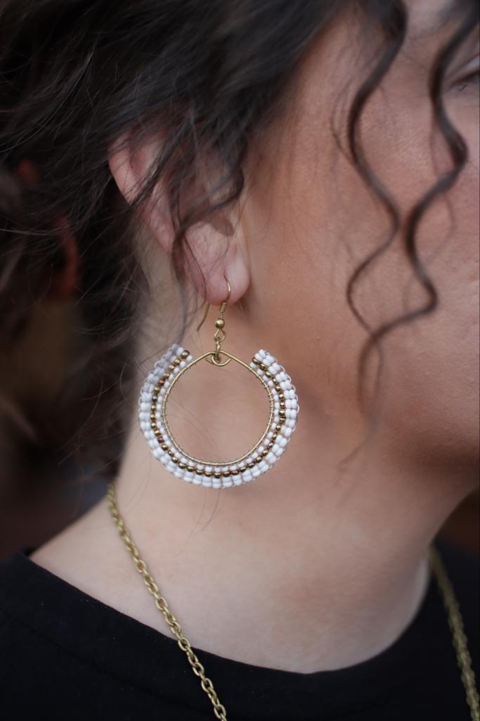 White Beaded Hoop Earrings