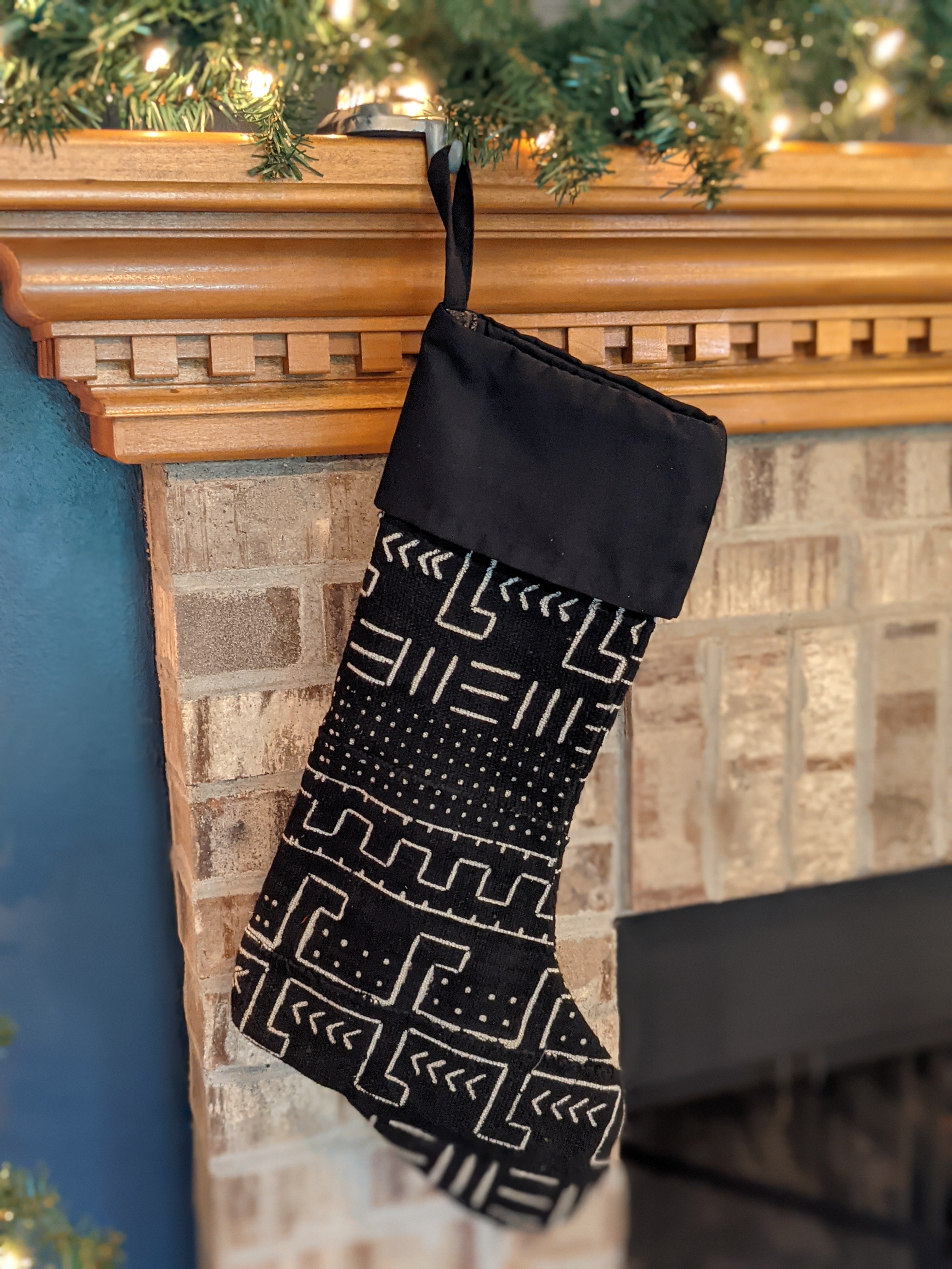 Mud Cloth Christmas Stocking Mudcloth Stocking Black w/ White good Triangle Print